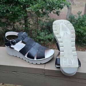 Fly London Yuni Sandals Size EU 39 US 9 Black Leather Cage Sandal Platform Wedge